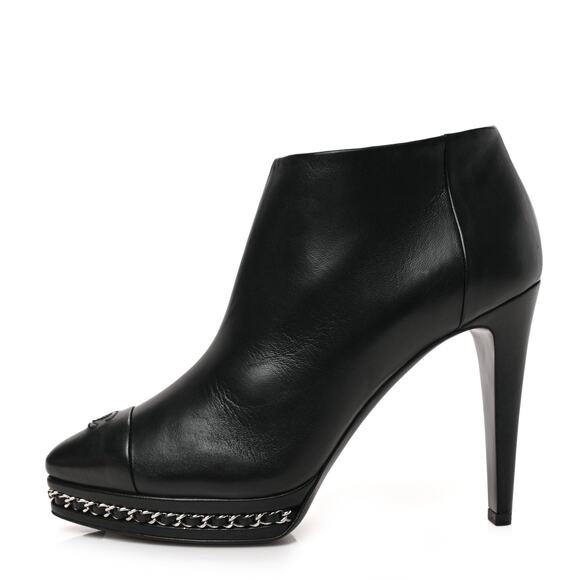 CHANEL Lambskin CC Cap Toe Chain Platform Heel Boots 38.5 Black - Picture 1 of 16